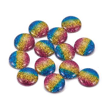 Rainbow Resin Cabochons, with Glitter Powder, Dome/Half Round, Colorful, 16x5mm