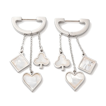 Ace of Diamond & Hearts & Clubs Synthetic White Shell Dangle Hoop Earrings, 304 Stainless Steel Poker Card Drop Earrings, Stainless Steel Color, 45mm, Pin: 1mm