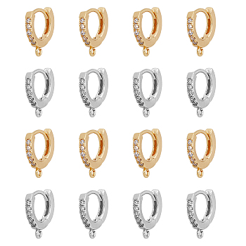 16Pcs 2 Colors Brass Micro Pave Cubic Zirconia Huggie Hoop Earring Findings, with Horizontal Loop, Ring, Clear, Mixed Color, 13.5x12x2.5mm, Hole: 1mm, Pin: 0.8mm, 8Pcs/color