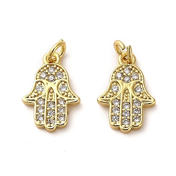 Rack Plating Real 18K Gold Plated Brass Pendants, with Cubic Zirconia, Long-Lasting Plated, Lead Free & Cadmium Free, Palm, Clear, 16x10x1.5mm, Hole: 2mm