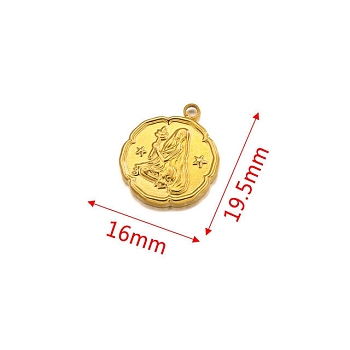 Stainless Steel Pendant, Golden, Flat Round with Constellation Charm, Virgo, 19.5x16mm