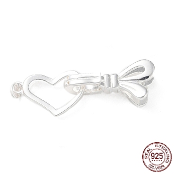 925 Sterling Silver Fold Over Clasps, Long-Lasting Plated, Heart Bowknot with 925 Stamp, Silver, Heart: 14x8x2mm, Clasp: 16.5x5.5x7.5mm, Ring: 3x0.5mm, Inner diameter: 2mm