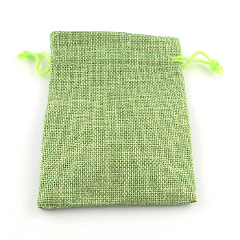 Polyester Imitation Burlap Packing Pouches Drawstring Bags, Yellow Green, 23x17cm