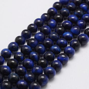 Natural Tiger Eye Bead Strands, Round, Dyed & Heated, Dark Blue, 10mm, Hole: 1.2mm, about 38pcs/strand, 14.9 inch~15.5 inch