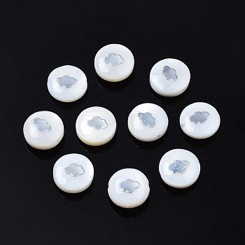 Natural Freshwater Shell Beads, with Platinum Plated Brass Metal Embellishments, Flat Round with Palm, Platinum, 8x4.5mm, Hole: 0.6mm