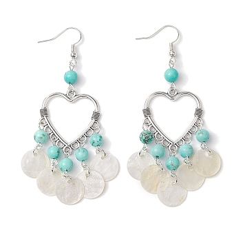 Heart Synthetic Turquoise & Capiz Shell Chandelier Earrings, Brass Dangle Earrings for Women, 82x28mm