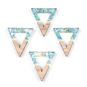 Transparent Resin & White Wood Pendants, Hollow Triangle Charms with Paillettes, Light Sky Blue, 27.5x24x3.5mm, Hole: 1.8mm