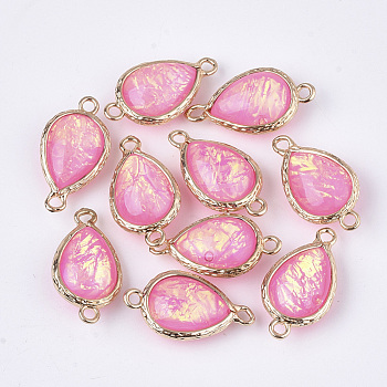 Epoxy Resin Links connectors, with Brass Findings, Imitation Opal Style, teardrop, Golden, Hot Pink, 21~22x11~12x6~7mm, Hole: 1.5mm