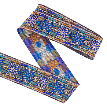 Ethnic Style Embroidery Polyester Ribbons, Jacquard Ribbon, Tyrolean Ribbon, Garment Accessories, Floral Pattern, Blue, 2 inch(50mm), about 7.66 Yards(7m)/Roll