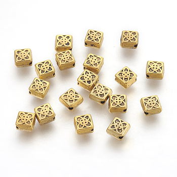 Tibetan Style Alloy Beads, Antique Golden Color, Lead Free & Nickel Free & Cadmium Free, Square, Size: about 6mm long, 6.5mm wide, 3mm thick, hole: 1mm