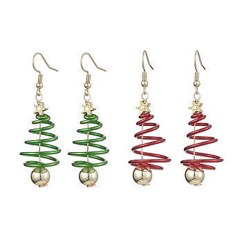 2 Pairs 2 Colors Christma Tree Electroplated Synthetic Non-magnetic Hematite & Aluminum Wire Dangle Earrings, 304 Stainless Steel Jewelry for Women, Mixed Color, 57x8.5mm, 1 pair/color