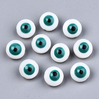 Natural Freshwater Shell Beads, with Enamel, Enamelled Sequins, Flat Round with Evil Eye, Light Sea Green, 8x4.5mm, Hole: 0.8mm