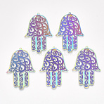 Ion Plating(IP) 304 Stainless Steel Filigree Big Pendants, Etched Metal Embellishments, Religion, Hamsa Hand/Hand of Fatima/Hand of Miriam, Rainbow Color, 55x36.5x0.2mm, Hole: 1.5mm(X-STAS-S108-45)