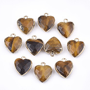 Electroplate Natural Tiger Eye Pendants, with Cadmium Free & Nickel Free & Lead Free Iron Findings, Faceted, Heart, Golden, 16~17x14~15x6~7mm, Hole: 1.8mm(G-T112-03E)