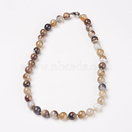 Natural Dyed Agate Beads Necklaces, with Brass Lobster Claw Clasps, Round, Gray, Beads: 6mm, 18.9 inch(48cm)(NJEW-F139-6mm-15)