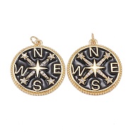 Eco-Friendly Brass Micro Pave Clear Cubic Zirconia Enamel Pendants, with Jump Ring, Long-Lasting Plated, Flat Round with Star 
and Letter Pattern, Real 18K Gold Plated, Black, 28x25x3mm, Jump Ring: 5x0.8mm, 3.5mm Inner Diameter(ZIRC-C024-01G-01)