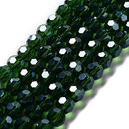 Electroplate Transparent Glass Beads Strands, Faceted, Round, Pearl Luster Plated, Dark Green, 8mm, Hole: 1mm, about 66~69pcs/strand, 19.29~19.57 inch(49~49.7cm)(EGLA-A035-T8mm-A10)