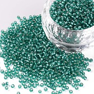 11/0 Grade A Transparent Glass Seed Beads, Silver Lined Round Hole, Round, Medium Sea Green, 2x1.5mm, Hole: 0.3mm, about 3000pcs/50g(X-SEED-Q007-F50)