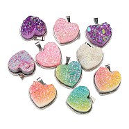 Eletroplated Natural Druzy Agate Pendants, Alloy Heart Charms, Platinum, Mixed Color, 21x22x11mm, Hole: 2.5x5mm(G-G131-01P)