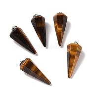 Natural Tiger Eye Pendants, with Platinum Plated Brass Findings, Faceted, Cone, 35~36x13~14x12~12.5mm, Hole: 2.7x6.5mm(G-G848-01P-04)