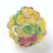 Handmade Lampwork Beads, Rondelle with Flower, Bumpy, Yellow, 14~15x12~13mm, Hole: 1.5~1.8mm(LAMP-P051-H05)