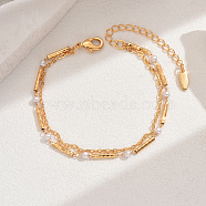 Fashionable Real 18K Gold Plated Brass Glass Double Layers Anklets for Women's Beachwear, White, 8-1/8 inch(20.5cm)(HR3444-2)