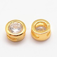 Brass Micro Pave Cubic Zirconia Beads, Flat Round, Lead Free & Nickel Free & Cadmium Free, Clear, Real 18K Gold Plated, 5.5x4mm, Hole: 1.5x2mm(X-ZIRC-P017-09G-NR)