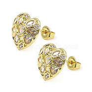 Brass with Cubic Zirconia Stud Earrings, Long-Lasting Plated, Lead Free & Cadmium Free, Heart, Real 18K Gold Plated, 12x12.5mm(EJEW-K254-01G)