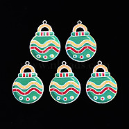Spray Painted Brass Pendants, with Printed, for Christmas, Bulb, Sea Green, 33x23x0.4mm, Hole: 1.8mm(KK-Q281-006)