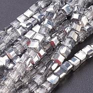 Electroplate Glass Beads Strands, Half Plated, Faceted Cube, Silver, 4x4x4mm, Hole: 1mm, about 100pcs/strand, 16.9 inch(EGLA-D018-4x4mm-19)