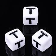 Acrylic Horizontal Hole Letter Beads, Cube, Letter T, White, Size: about 7mm wide, 7mm long, 7mm high, hole: 3.5mm, about 2000pcs/500g(PL37C9129-T)