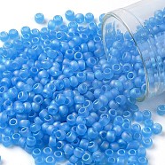 TOHO Round Seed Beads, Japanese Seed Beads, (163BF) Transparent AB Frost Dark Aquamarine, 8/0, 3mm, Hole: 1mm, about 222pcs/bottle, 10g/bottle(SEED-JPTR08-0163BF)