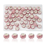 50Pcs Polymer Clay Rhinestone European Large Hole Beads, with Silver Color Plated Brass Cores, Rondelle, Light Rose, 11~12x7~7.5mm, Hole: 5mm(FPDL-YW0001-01A)