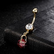 Piercing Jewelry, Eco-Friendly Brass Cubic Zirconia Navel Ring, Belly Rings, with Use Stainless Steel Findings, Heart, Red, 37x8mm, Pin: 1.5mm(AJEW-EE0003-05C)