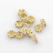 Brass Rhinestone Spacer Beads, Grade AAA, Wavy Edge, Nickel Free, Light Gold Metal Color, Rondelle, Crystal, 6x3mm, Hole: 1mm(RB-A014-L6mm-01LG-NF)