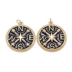 Eco-Friendly Brass Micro Pave Clear Cubic Zirconia Enamel Pendants, with Jump Ring, Long-Lasting Plated, Flat Round with Star 
and Letter Pattern, Real 18K Gold Plated, Black, 28x25x3mm, Jump Ring: 5x0.8mm, 3.5mm Inner Diameter(ZIRC-C024-01G-01)