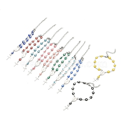 201 Stainless Steel Cross Charm Bracelet, Enamel Evil Eye Rosary Beaded Religion Theme Bracelet for Women, Mixed Color, 6-1/8 inch(15.7cm)(BJEW-A142-01P)