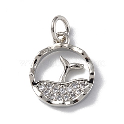 Brass Micro Pave Cubic Zirconia Charms, with Jump Ring, Round Ring & Sea & Whale Tail Charms, Platinum, 13.5x11.5x2mm, Hole: 3mm(ZIRC-F131-18P)