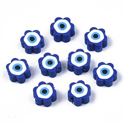 Handmade Polymer Clay Beads, Flower with Evil Eye, Dark Blue, 9x9x4.5mm, Hole: 1.8mm(CLAY-N007-003-01)