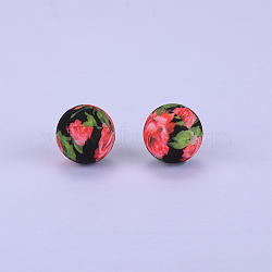 Printed Round with Flower Pattern Silicone Focal Beads, Black, 15x15mm, Hole: 2mm(SI-JX0056A-164)