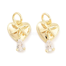 Brass with Clear Cubic Zirconia Charms, with Jump Ring, Heart with Teardrop Charms, Real 18K Gold Plated, 14x10x4mm, Hole: 3mm(KK-P271-27G)