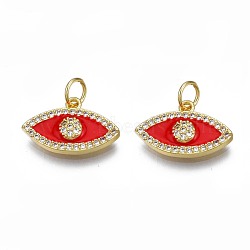 Brass Micro Pave Clear Cubic Zirconia Pendants, with Enamel and Jump Rings, Nickel Free, Real 18K Gold Plated, Eye, Red, 10x16x3mm, Hole: 3mm, Jump Ring: 5x1mm, 3mm inner diameter(ZIRC-N039-204C)