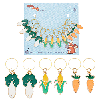 12Pcs 4 Style Vegetable Theme Alloy Enamel Pendant Locking Stitch Markers, Crochet Leverback Hoop Charms, Carrot/Corn/Bok Choy, Mixed Color, 3.4~4cm, 3pcs/style