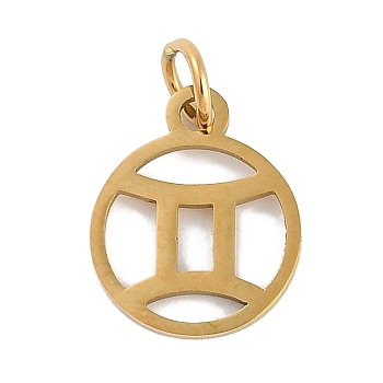 Ion Plating(IP) 304 Stainless Steel Charms, with Jump Ring, Laser Cut, Real 18K Gold Plated, Ring with Constellation Charm, Gemini, 13.5x11x1mm, Hole: 3mm