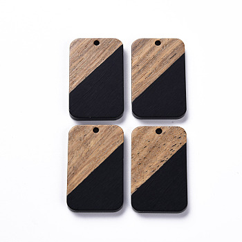 Opaque Resin & Walnut Wood Pendants, Two Tone, Rectangle, Black, 32.5x21x3mm, Hole: 2mm