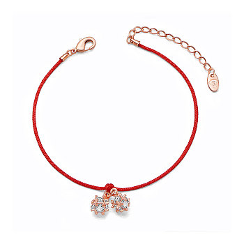 SHEGRACE Brass Charm Bracelets, with Czech Rhinestone and Red Rope, Rose Gold, 6-3/4 inch(17cm)