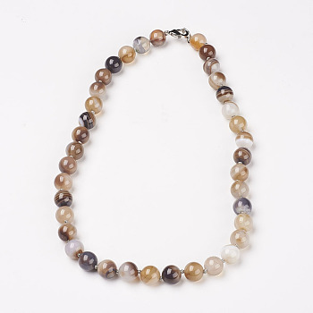 Natural Dyed Agate Beads Necklaces, with Brass Lobster Claw Clasps, Round, Gray, Beads: 6mm, 18.9 inch(48cm)