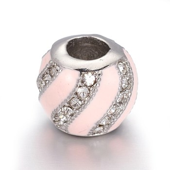 304 Stainless Steel European Beads, with Enamel and Rhinestone, Large Hole Beads, Round, Stainless Steel Color, Pink, 10x9mm, Hole: 4.5mm
