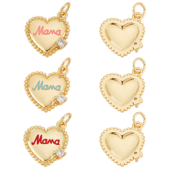 6Pcs 3 Colors Brass Micro Pave Clear Cubic Zirconia Charms, Long-Lasting Plated, with Jump Rings and Enamel, for Mother's Day, Heart with Word Mama, Real 18K Gold Plated, Mixed Color, 14.8x13.5x2.6mm, Hole: 3mm, jump ring: 5x0.8mm, 2pcs/color