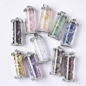 Transparent Glass Bubble Cover Pendants, with Rhinestone or Dyed/Electroplated Natural Gemstones Inside and 304 Stainless Steel Bails, Column, Mixed Color, 32x13.5mm, Hole: 2.5x5mm